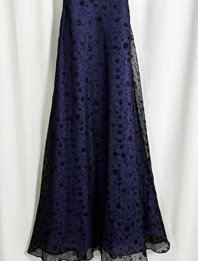 Vintage Exquisite Black Beaded A Line Spaghetti Strap Purple Satin Prom Dress Evening Dress Date Dress DP3037
