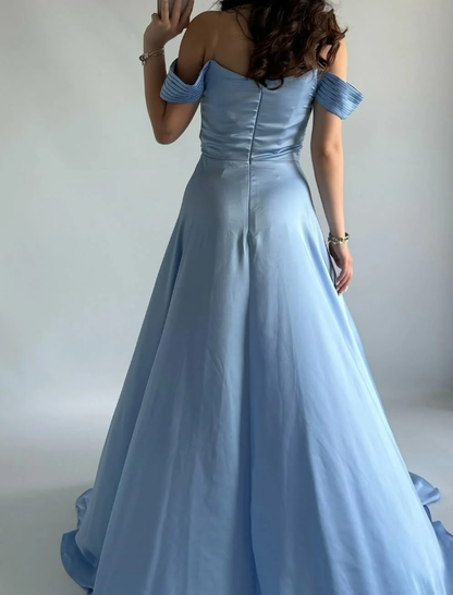 Simple Baby Blue A Line Off the Shoulder Satin Slit Prom Dress Evening Dress DP5260