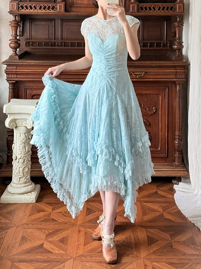Vintage Blue A Line Lace Backless Prom Dress Evening Dress DP5612