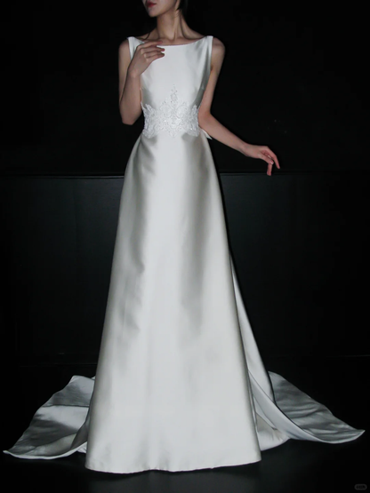 Backless Simple A Line White Beaded Lace Satin Long Wedding Dress DP5791