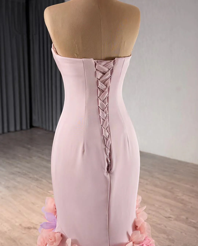 Mermaid Strapless Pink Flower Satin Prom Dresses High Low Removable Long Sleeves DP1258