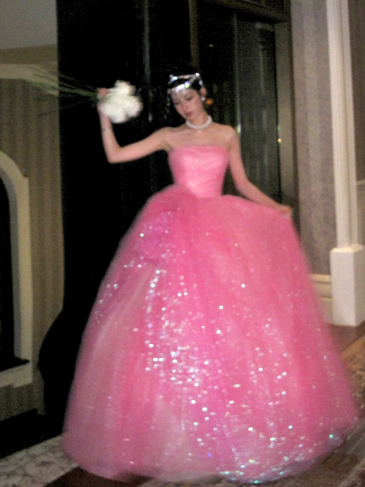 Pink Ball Gown Strapless Floral Sequin Pink Tulle Long Party Dress Evening Dress DP2417