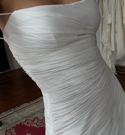 White Flowy Mermaid Spaghetti Strap Pleated Chiffon Wedding Dress Prom Dress with Slit DP3821