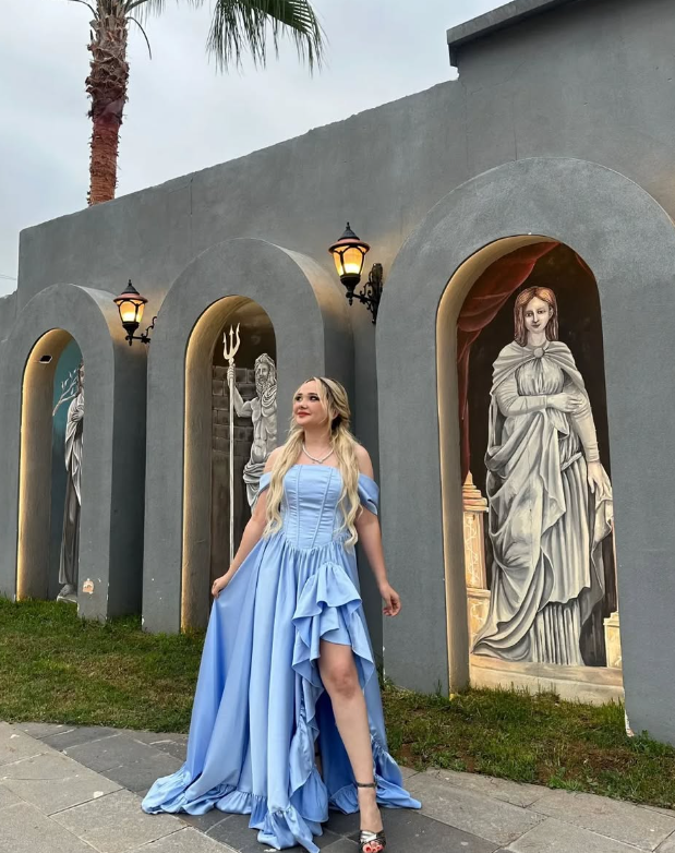 Blue A Line Off the Shoulder Corset Ruffle Satin Long Prom Dress Evening Dress DP1627