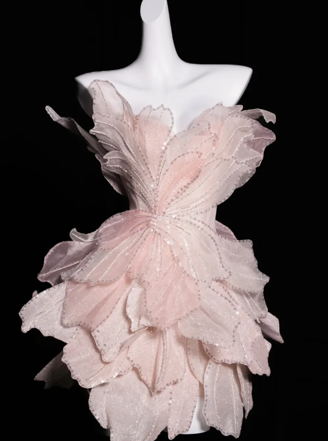 Pink Flower A Line Strapless Tiered Beaded Tulle Prom Dress Graduation Prom Dress DP1978
