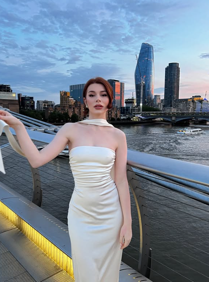 Simple Sheath Strapless White Satin Long Prom Dress Evening Dress DP4311