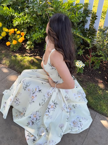 Pretty A Line Straps Print Floral Satin Prom Dress Evening Dress Vacation Dress DP5607