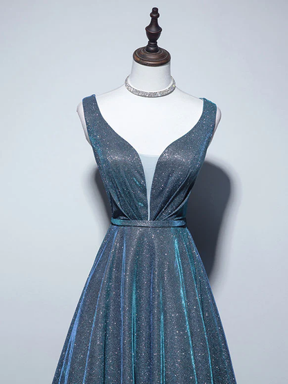Sparkly V Neck Satin Blue Long Prom Dress Evening Dress DP073