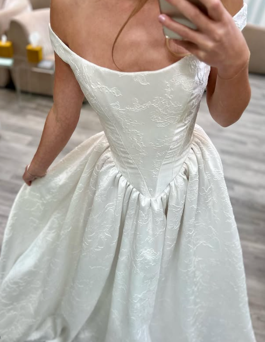Classic A Line Off the Shoulder Print Floral Satin Wedding Dresses DP3639