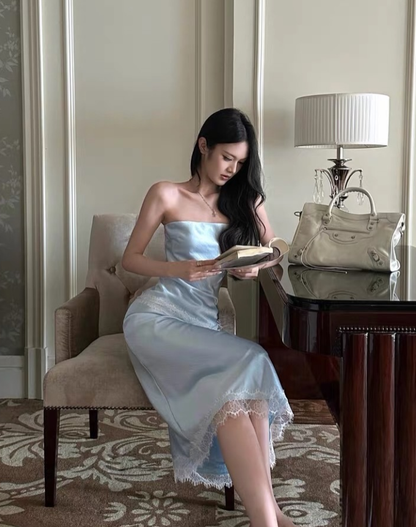 Two Piece Baby Blue Sheath Strapless Lace Satin Prom Dress Evening Dress DP7933