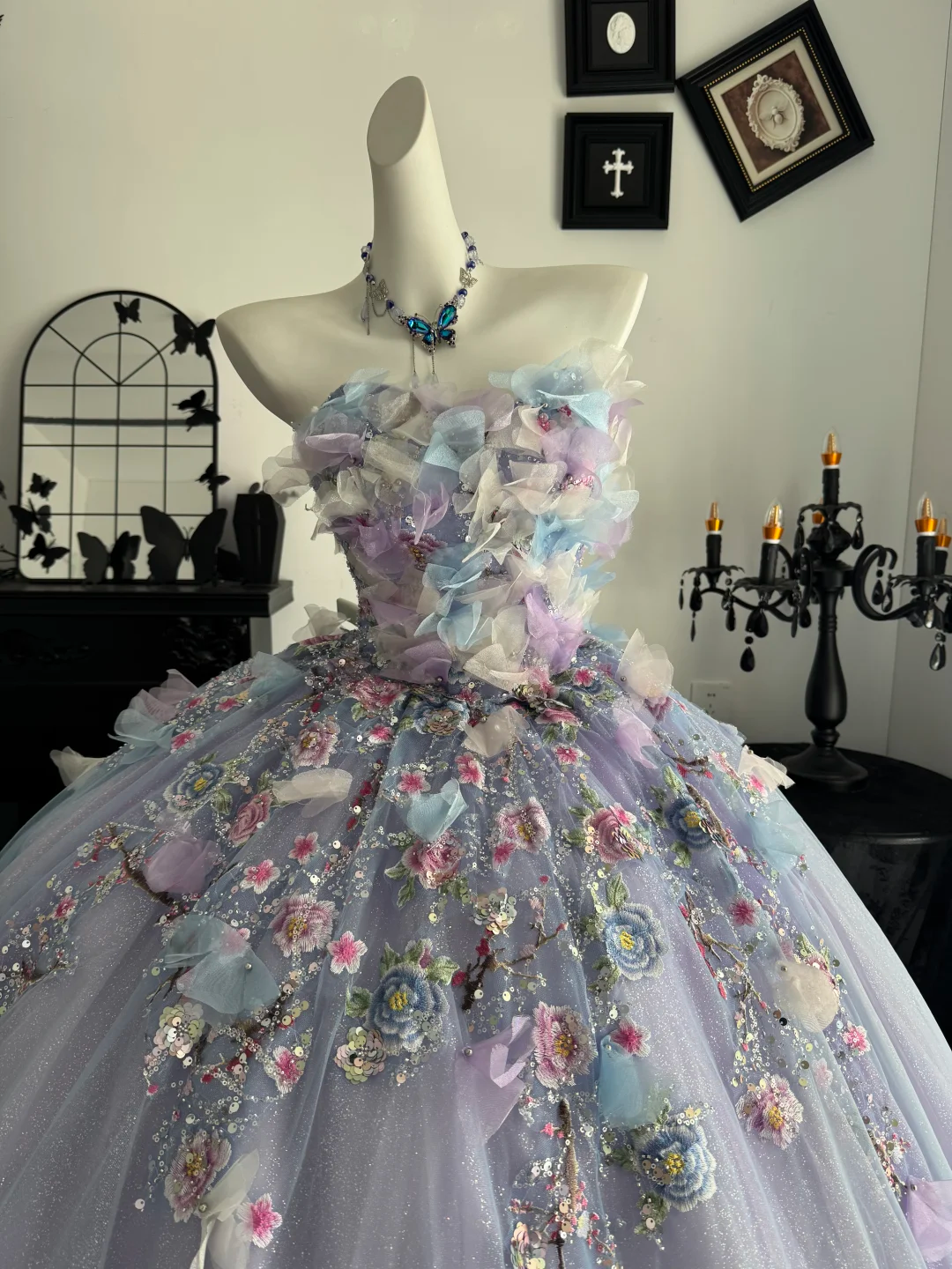 Lilac Ball Gown Sweetheart Neck Floral Tulle Prom Dress Quinceanera Dress DP6967
