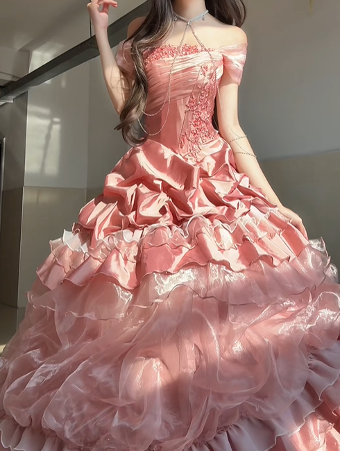 Pink Rose Ball Gown Off the Shoulder Layered Organza Satin Prom Dress Party Dress DP4592