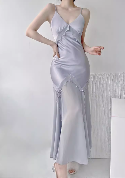 Gentle Mermaid Spaghetti Strap Pearl Chiffon Satin Prom Dress Evening Dress Party Dress DP3583