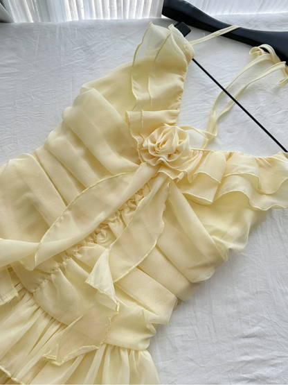 Cute A Line Halter Ruffle Flower Yellow Chiffon Short Homecoming Dress Cocktail Dress DP2568