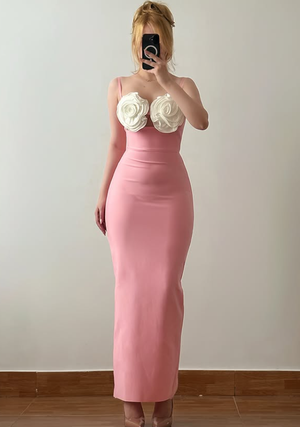 Pink Sheath Spaghetti Straps White Floral Satin Prom Dress Evening Dress DP6049