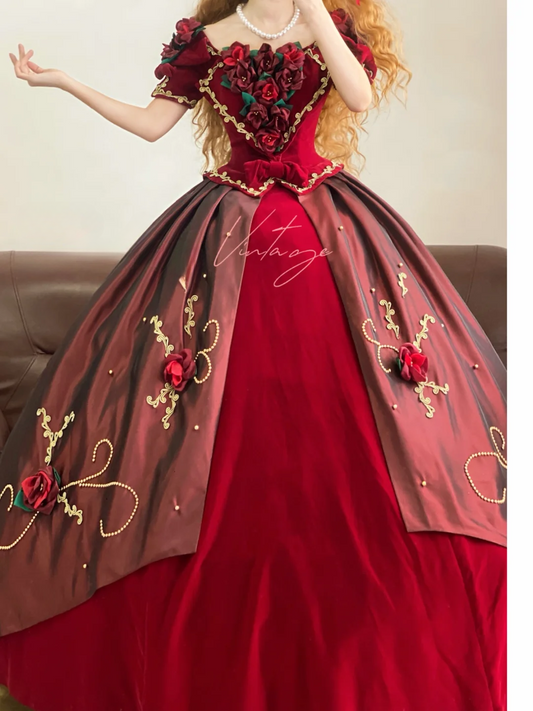 Vintage Ball Gown Floral Burgundy Satin Velvet Prom Dress 22 Birthday Dress DP4074