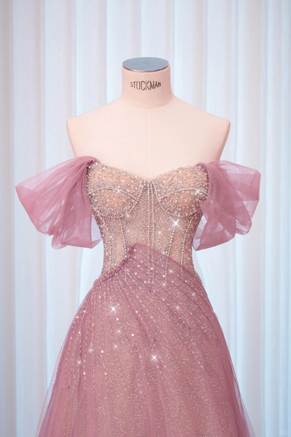 Elegant A Line Beaded Pink Tulle Long Date Dress Prom Dress Evening Dress DP3430