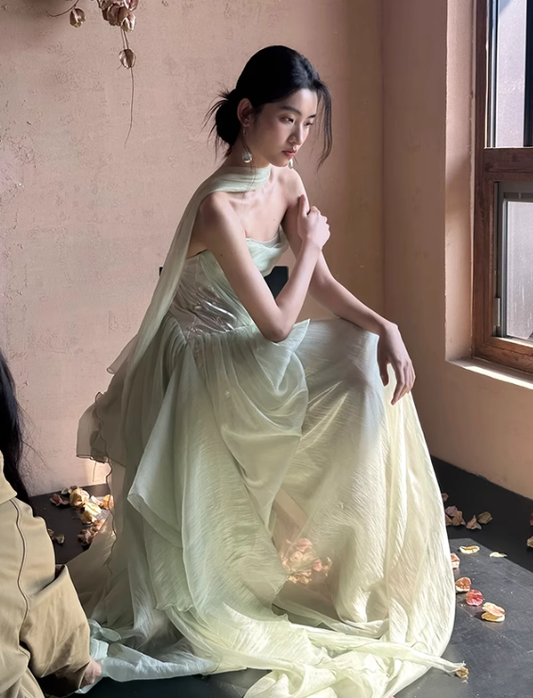 Sage Green A Line Strapless Pleated Chiffon Satin Prom Dress Evening Dress Formal Dress DP3157