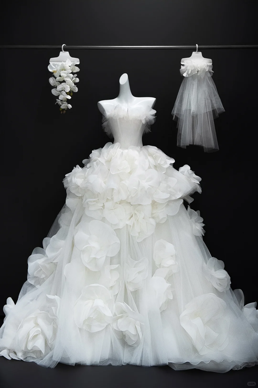 3D Floral White Ball Gown Strapless Organza Prom Dress Wedding Dress DP3228