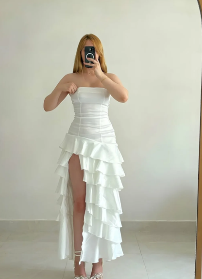 Simple A Line Strapless Layered White Satin Slit Prom Dress Evening Dress DP5263