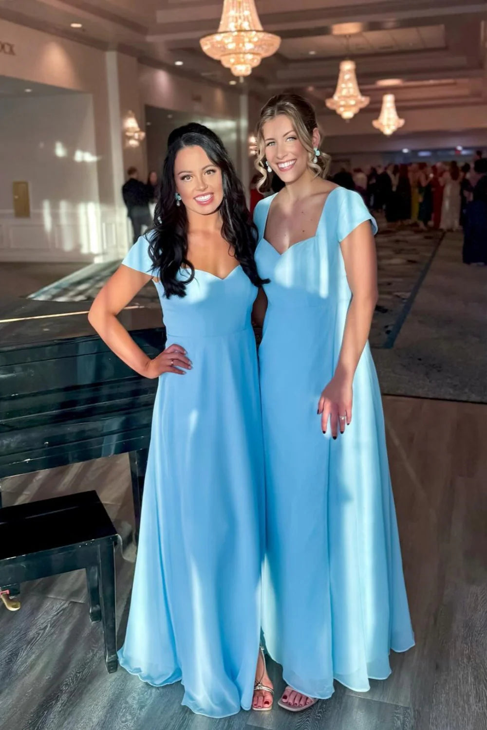 Cap Sleeves Blue A-line Long Bridesmaid Dress with a Slit DP5847
