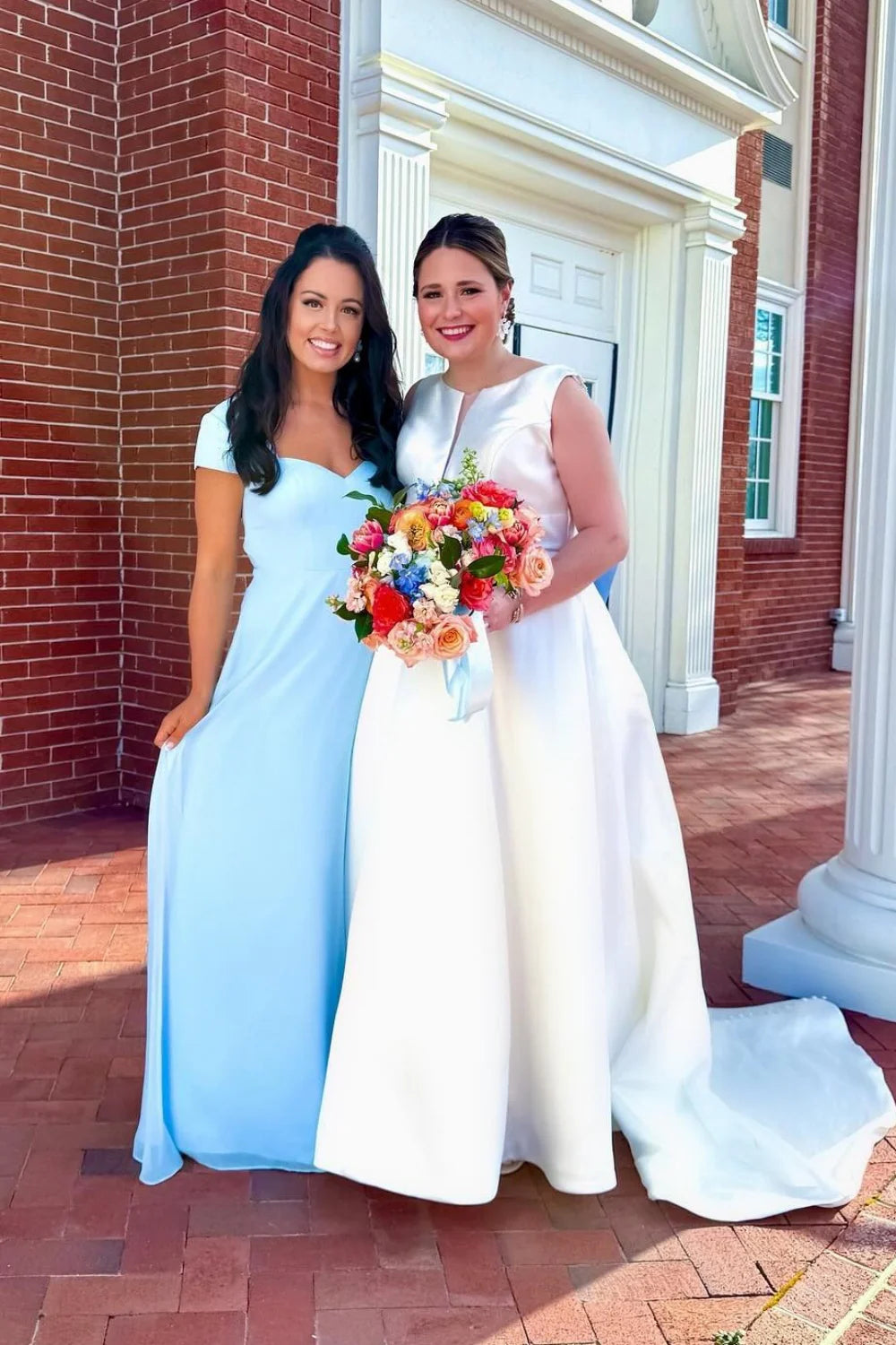 Cap Sleeves Blue A-line Long Bridesmaid Dress with a Slit DP5847