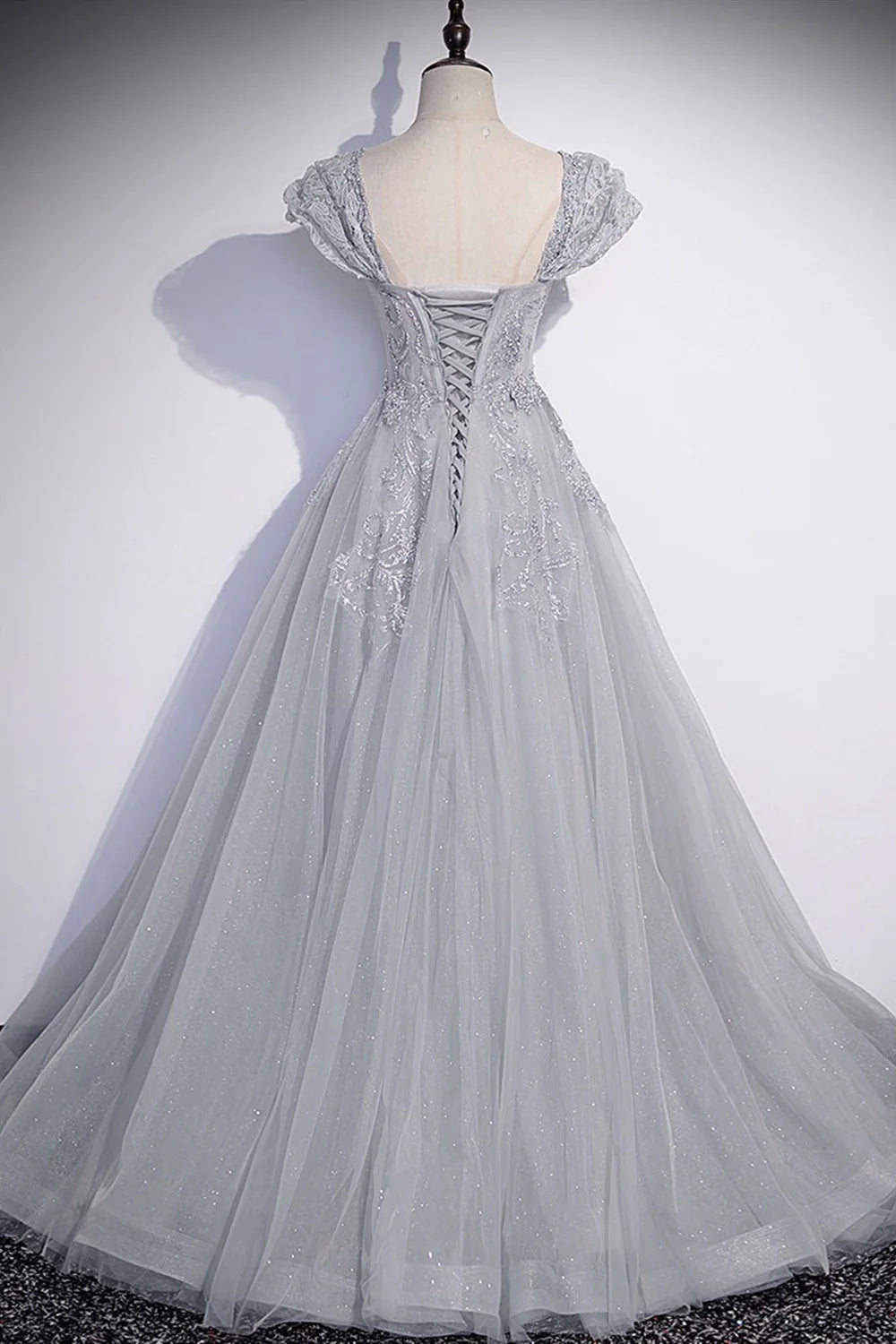 Cap Sleeves Shiny Gray Tulle Lace Long Prom Dresses Evening Dresses DP1086