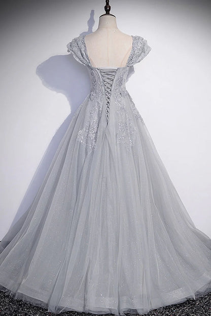Cap Sleeves Shiny Gray Tulle Lace Long Prom Dresses Evening Dresses DP1086