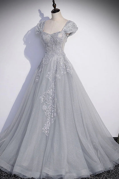 Cap Sleeves Shiny Gray Tulle Lace Long Prom Dresses Evening Dresses DP1086