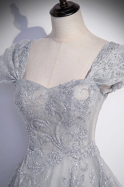Cap Sleeves Shiny Gray Tulle Lace Long Prom Dresses Evening Dresses DP1086