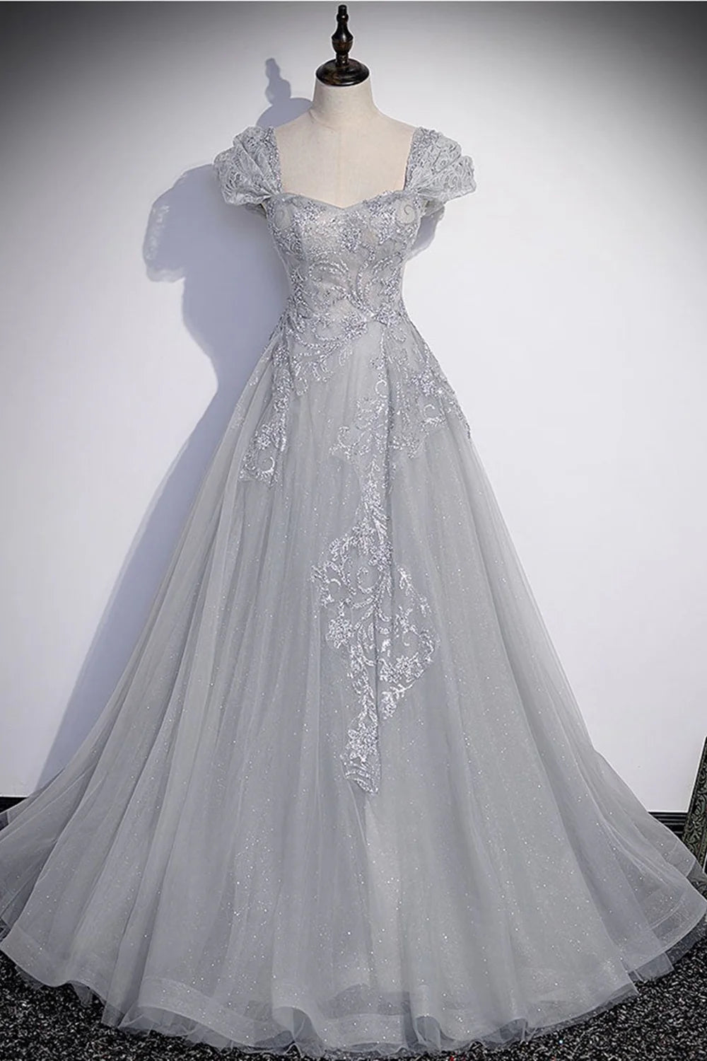 Cap Sleeves Shiny Gray Tulle Lace Long Prom Dresses Evening Dresses DP1086