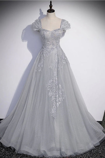 Cap Sleeves Shiny Gray Tulle Lace Long Prom Dresses Evening Dresses DP1086