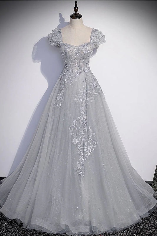 Cap Sleeves Shiny Gray Tulle Lace Long Prom Dresses Evening Dresses DP1086