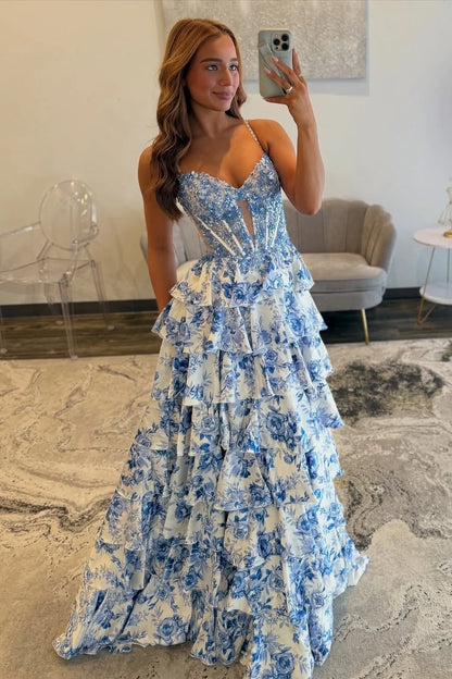Gorgeous A Line Spaghetti Straps Blue Corset Prom Dress with Appliques Ruffles DP7494