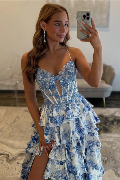Gorgeous A Line Spaghetti Straps Blue Corset Prom Dress with Appliques Ruffles DP7494