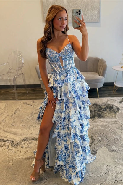 Gorgeous A Line Spaghetti Straps Blue Corset Prom Dress with Appliques Ruffles DP7494