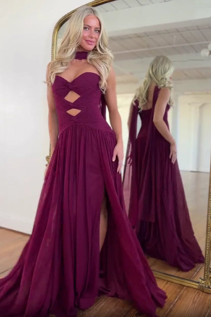 Charming A Line Sweetheart Chiffon Long Prom Dress with Keyhole DP7501