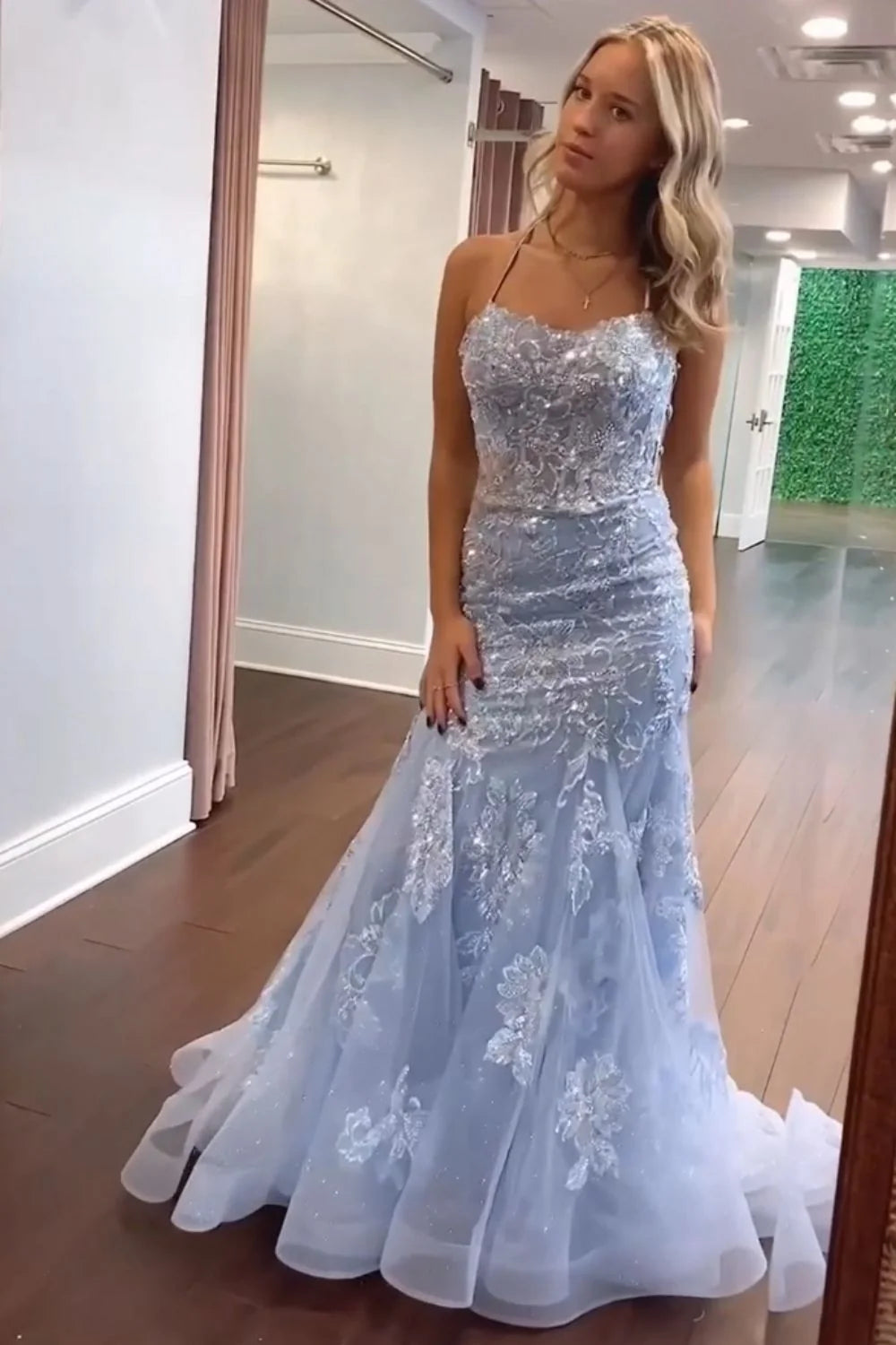 Charming Blue Glitter Mermaid Lace Up Back Long Prom Dress With Appliques DP7767