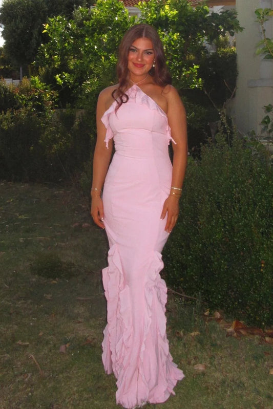 Charming Mermaid Halter Neck Pink Long Prom Dress with Ruffles DP7249