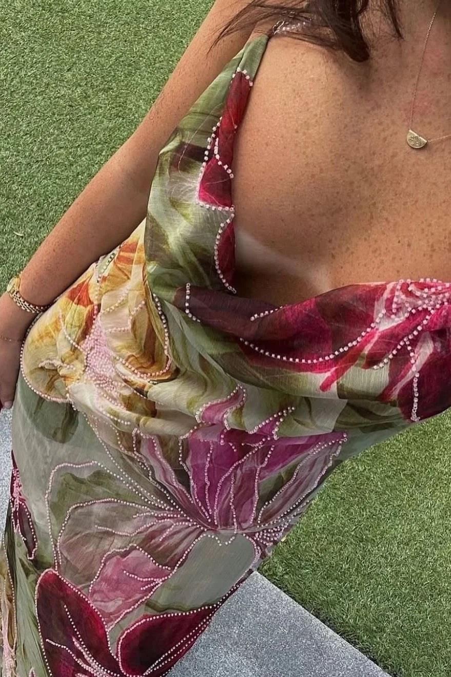 Charming Sheath Halter Neck Floral Printed Long Party Dress DP7486