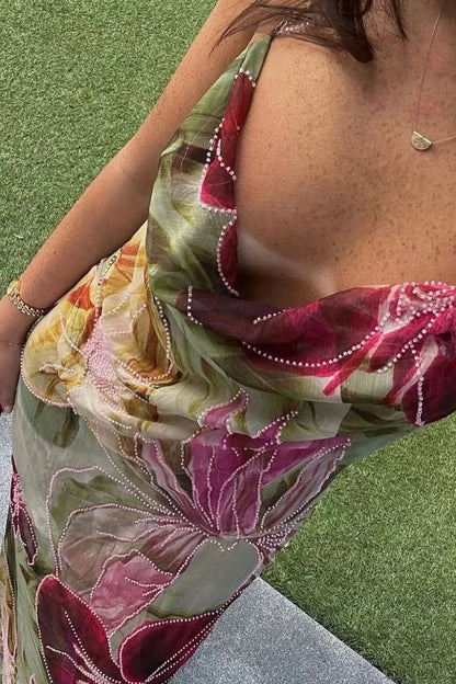 Charming Sheath Halter Neck Floral Printed Long Party Dress DP7486