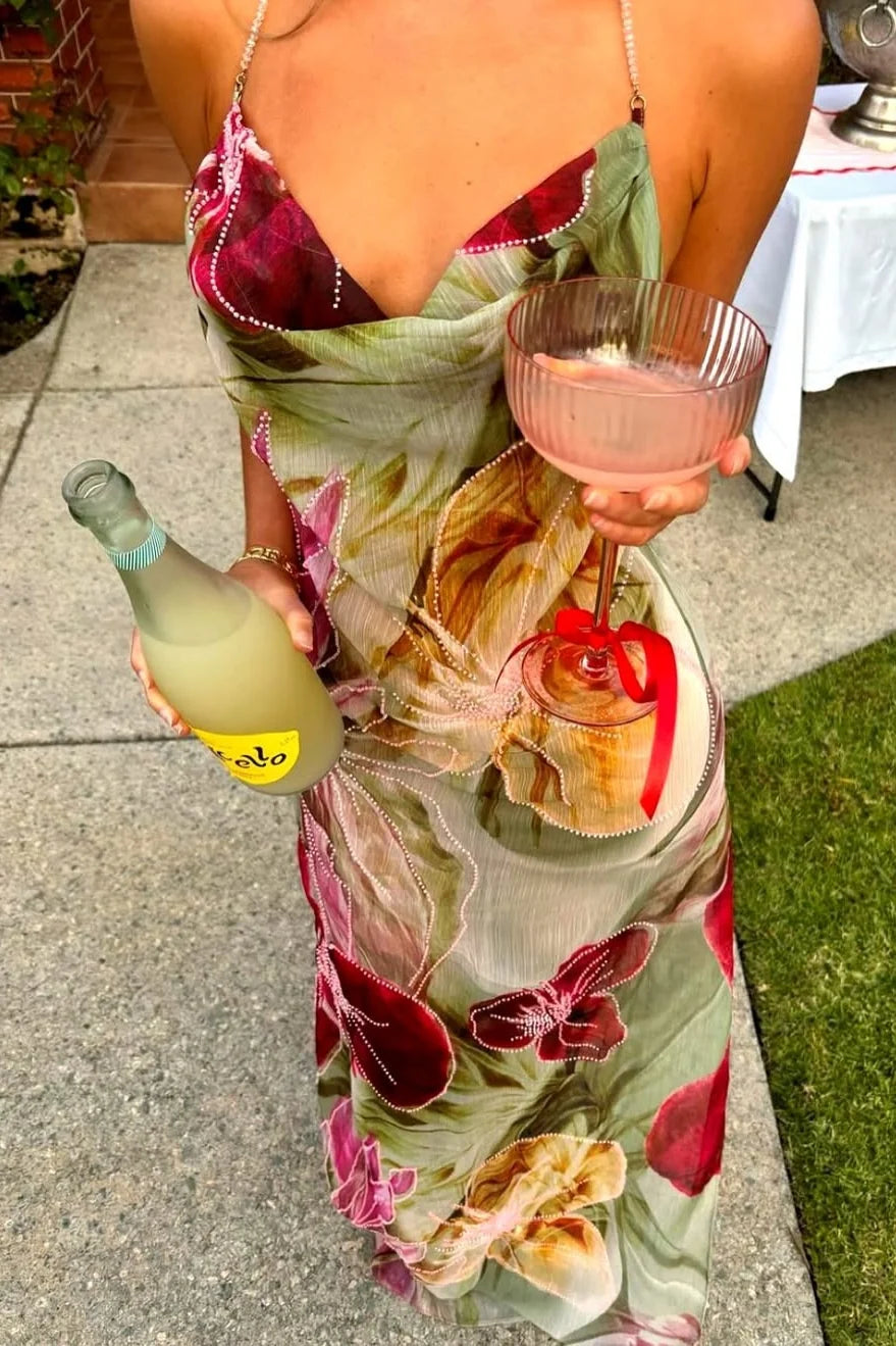 Charming Sheath Halter Neck Floral Printed Long Party Dress DP7486