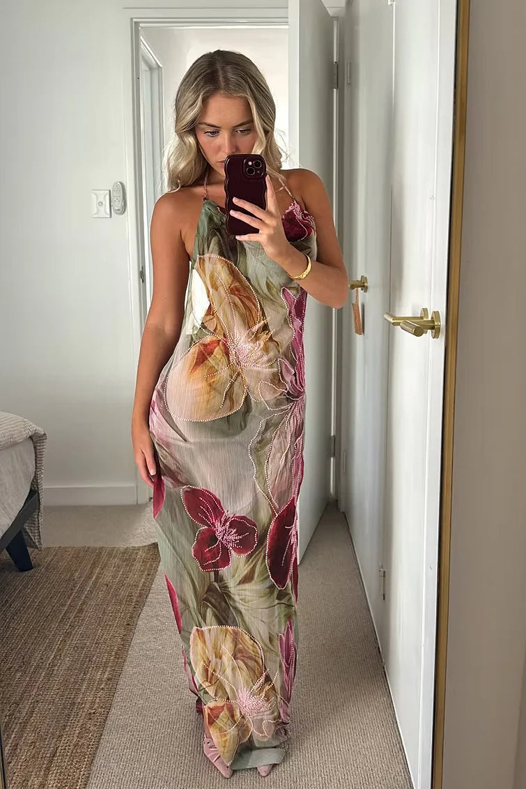 Charming Sheath Halter Neck Floral Printed Long Party Dress DP7486