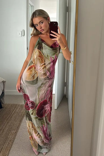 Charming Sheath Halter Neck Floral Printed Long Party Dress DP7486