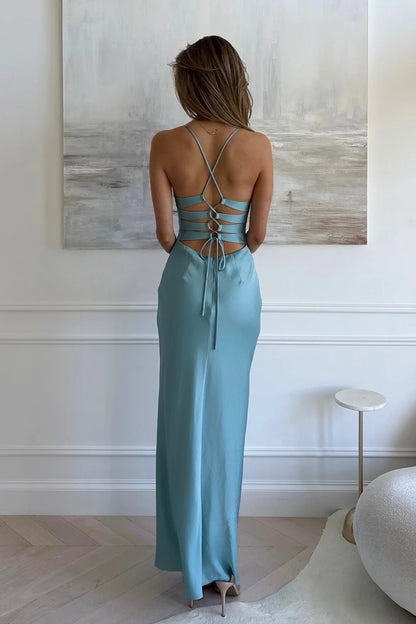 Charming Sheath Spaghetti Straps Blue Long Prom Dress with Criss Cross Back DP7435