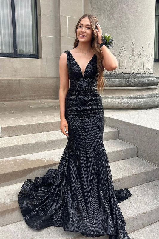 Mermaid V Neck Sequins Sweep Train Long Prom Dresses DP1048