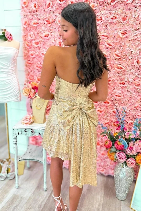 Chic A Line Strapless Gold Sequins Short Homecoming Dress with Bowknot DP7234