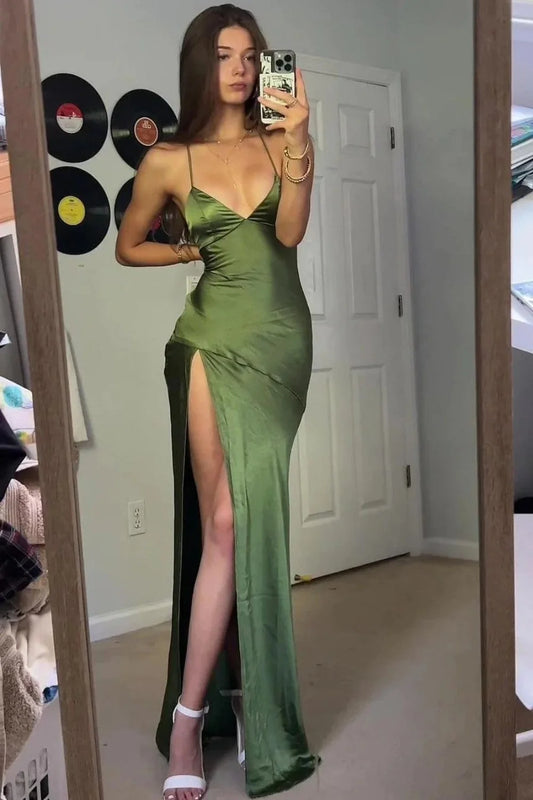 Simple Sheath Spaghetti Straps Green Long Party Dress with Split Front DP7451