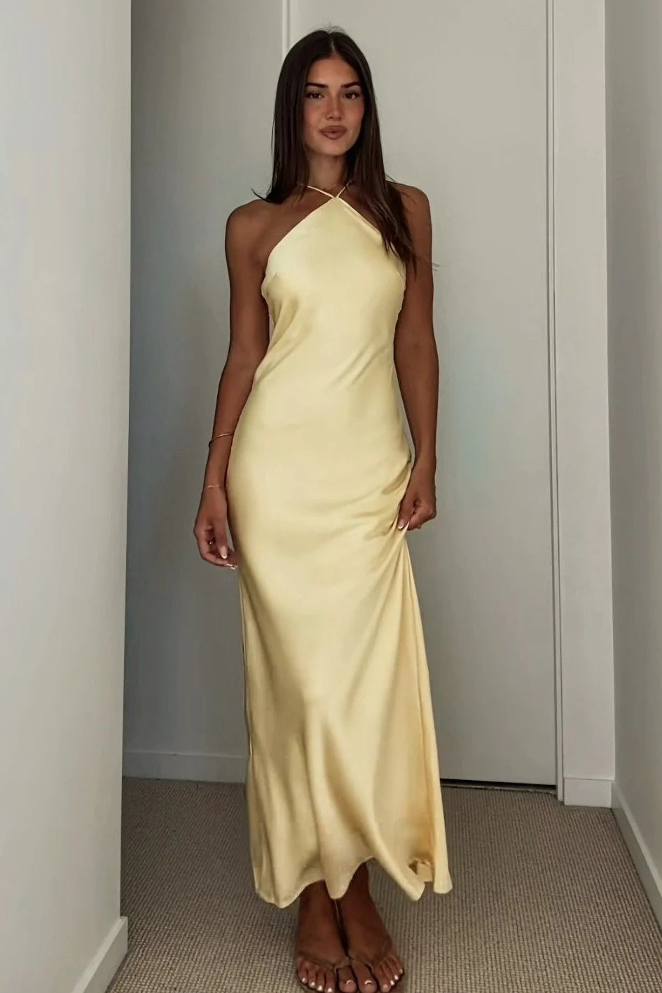 Chic Sheath Halter Neck Light Yellow Long Prom Dress with Open Back DP7442