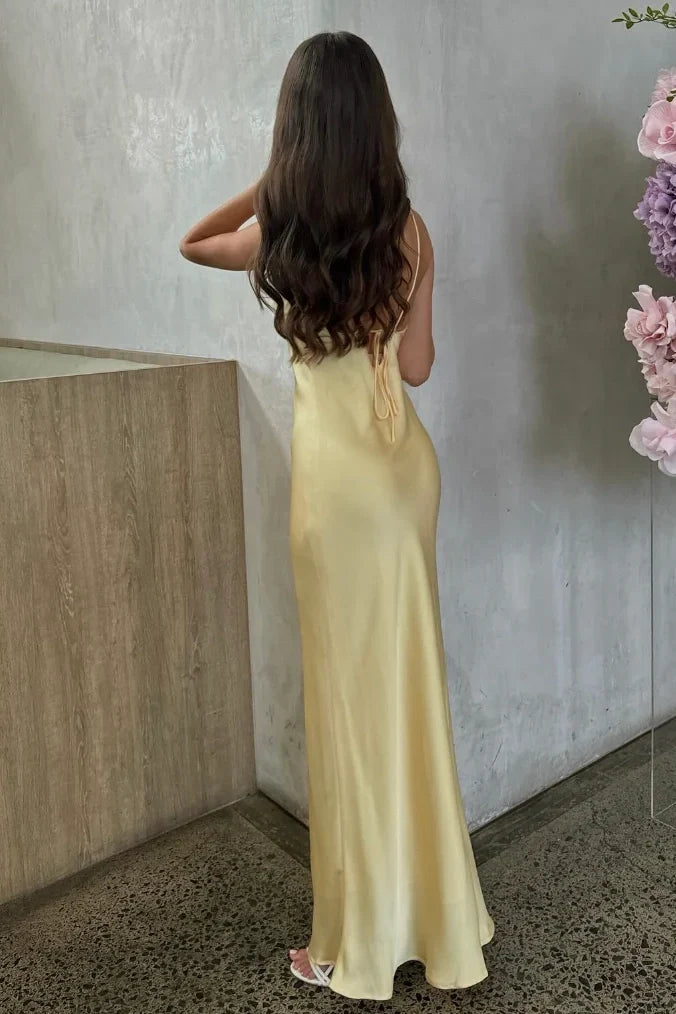 Chic Sheath Halter Neck Light Yellow Long Prom Dress with Open Back DP7442